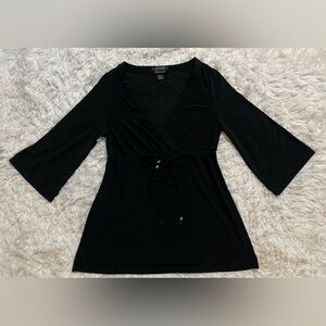 White House Black Market Signature Knit 3/4 Sleeve Black Blouse Tunic Babydoll L